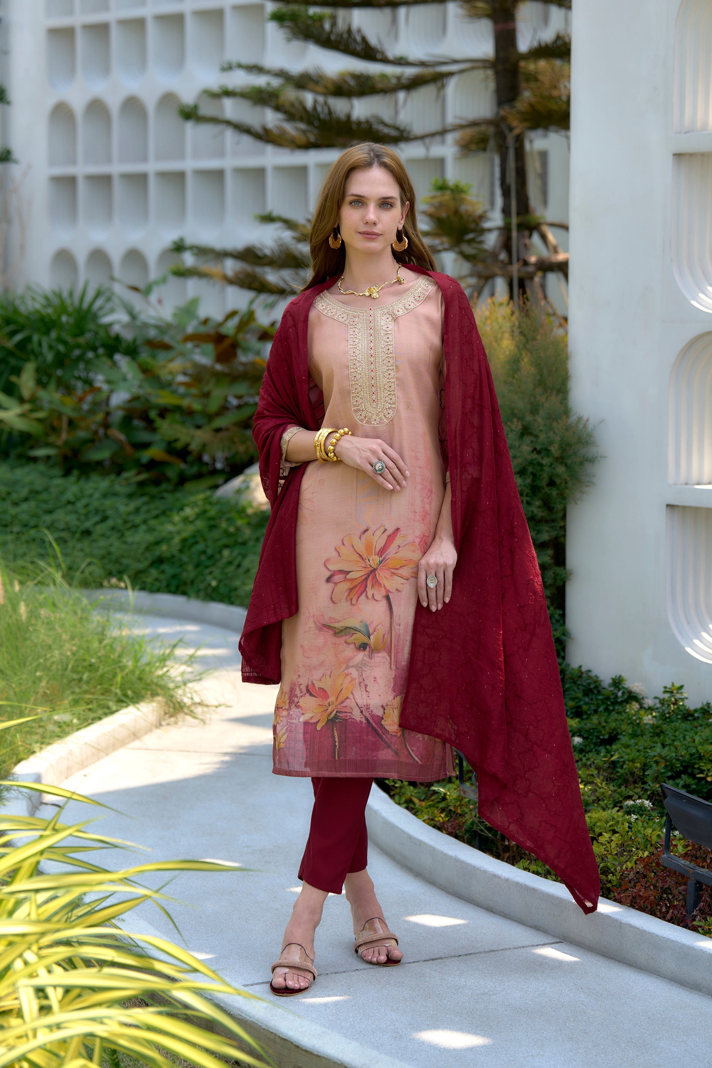 Peach Floral Tissue Kurti Set with 3/4 Sleeves and Viscose Pocket Pant with Dupatta